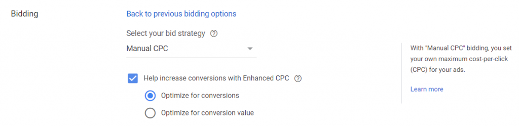 Image depicts the selection of 'ECPC' in Search campaigns of Google Ads