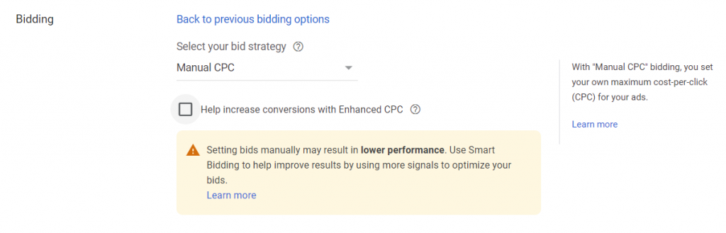 Image depicts the selection of 'Manual Cost-per-click' in Google Ads.