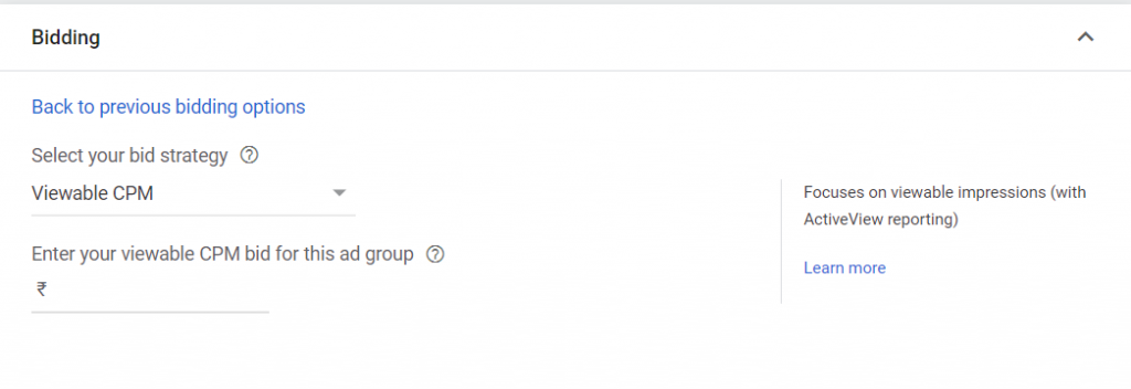 Image depicts the selection of 'Viewable CPM/ vCPM' in display campaigns of Google Ads (Non-recommended)