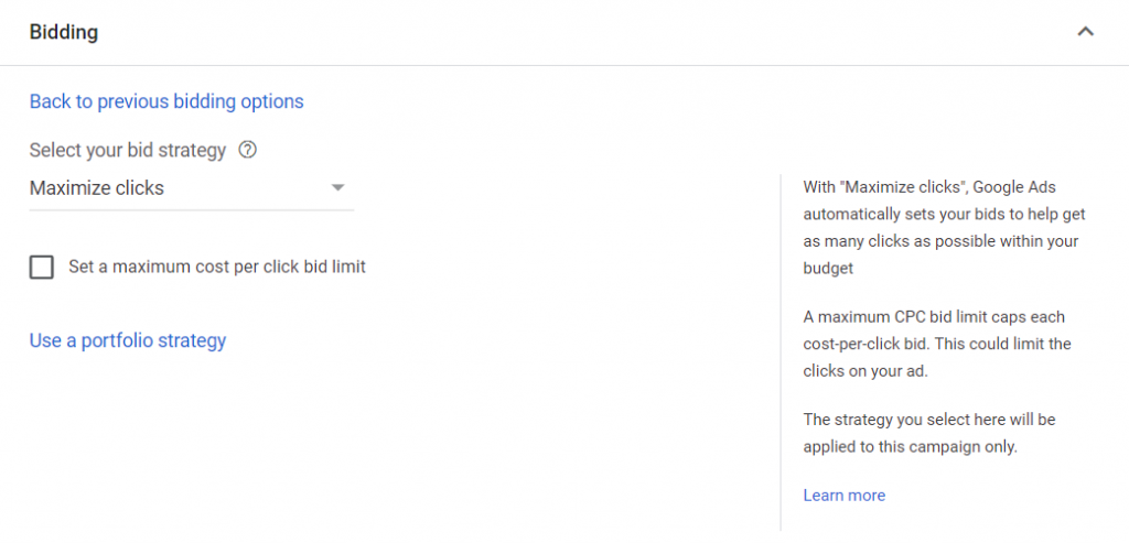 Image depicts the selection of 'Maximise Clicks' in Display & Search campaigns of Google Ads