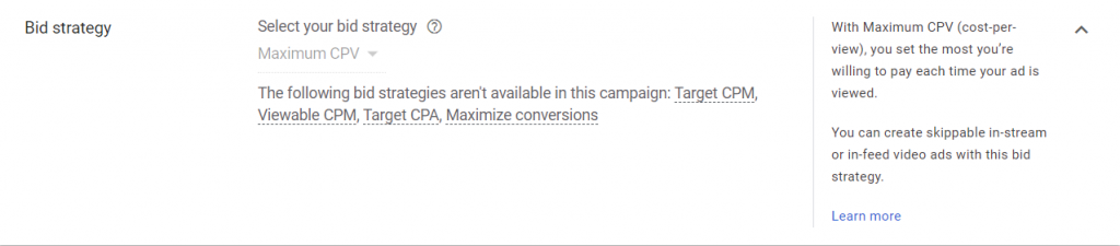 Image depicts the selection of 'Maximum CPV' in Video Campaign of Google Ads