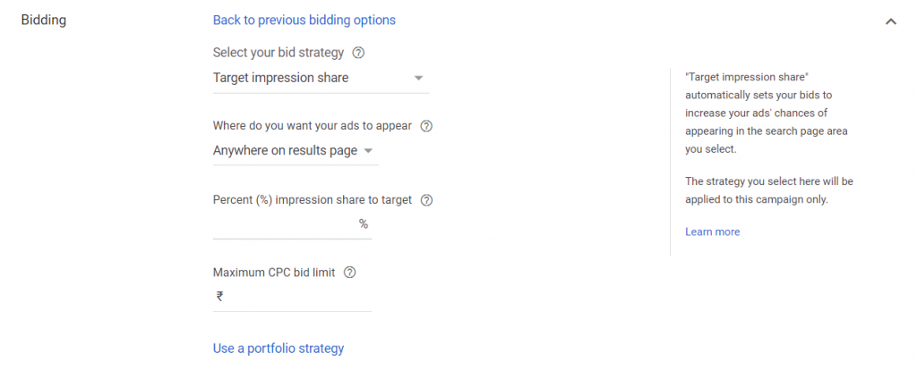 Image depicts the selection of 'Target Impression Per Share' in Search campaigns of Google Ads from Non-recommended options