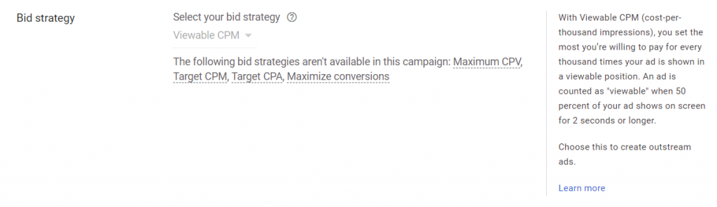 Image depicts the selection of 'Viewable CPM/ vCPM' in Video Campaigns on Google Ads.